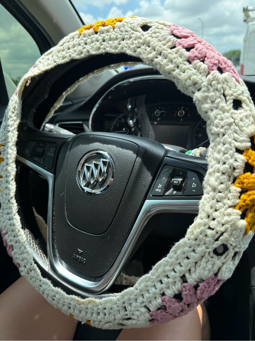 Handmade Crochet Steering Wheel Cover - Cream with Pink & Yellow Flowers